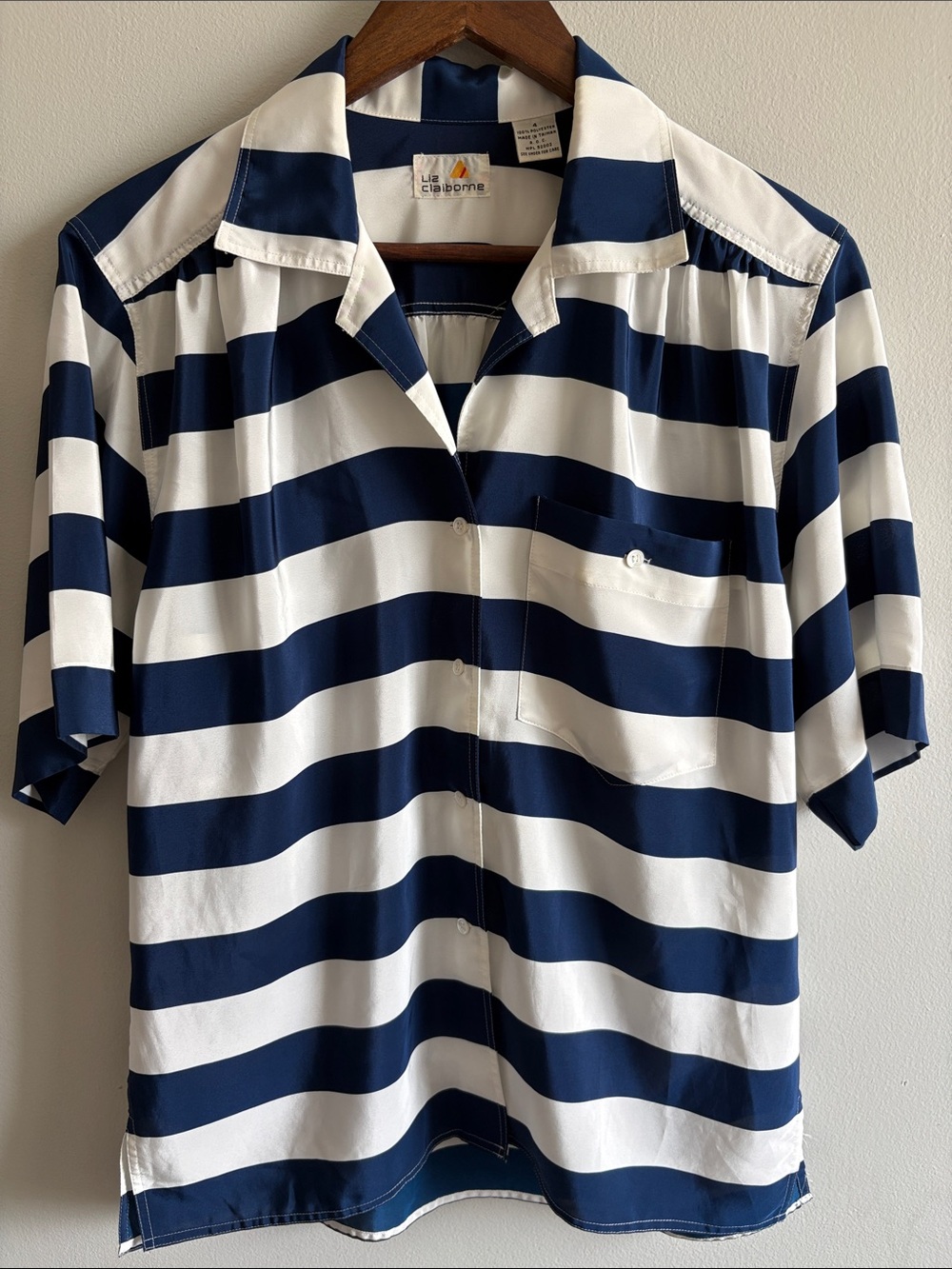 Vintage Liz Claiborne Navy White Striped Button Front Blouse Size 4 Nautical